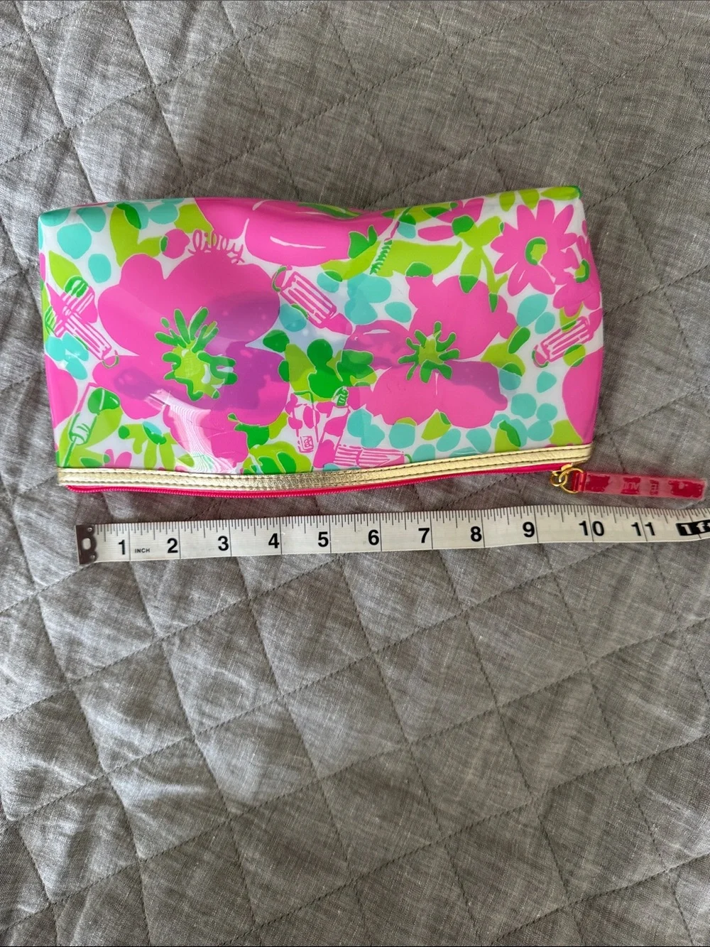 Lilly Pulitzer Pink Green Aqua Floral Vinyl Pouch with Gold Trim